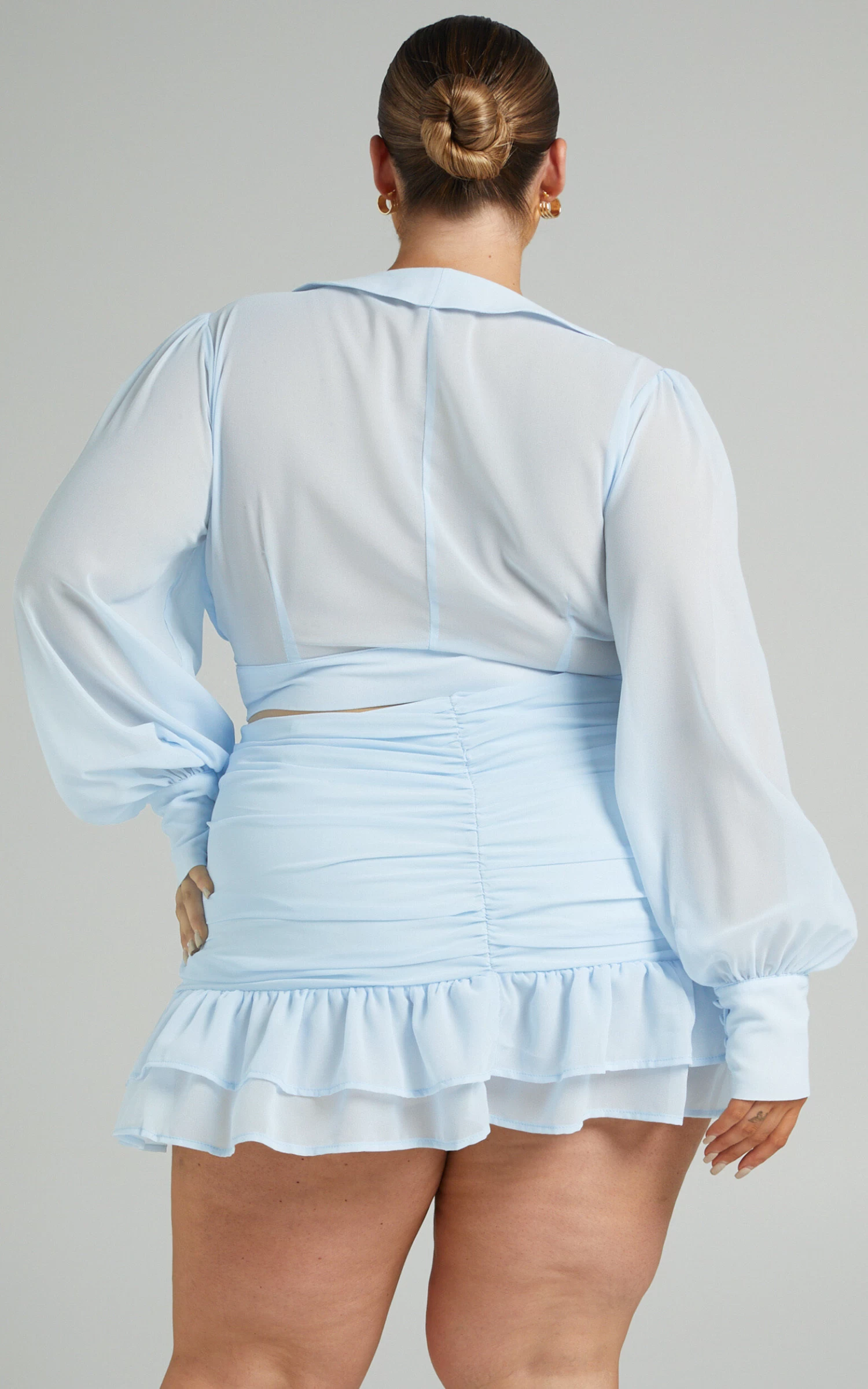 Showpo Liziah Plunge Neck Crop Top And Ruffle Mini Skirt Two Piece Set In Light Blue - Image 8