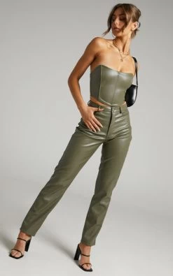 Showpo Dilyenne Mid Waist Straight Leg Faux Leather Pants In Olive
