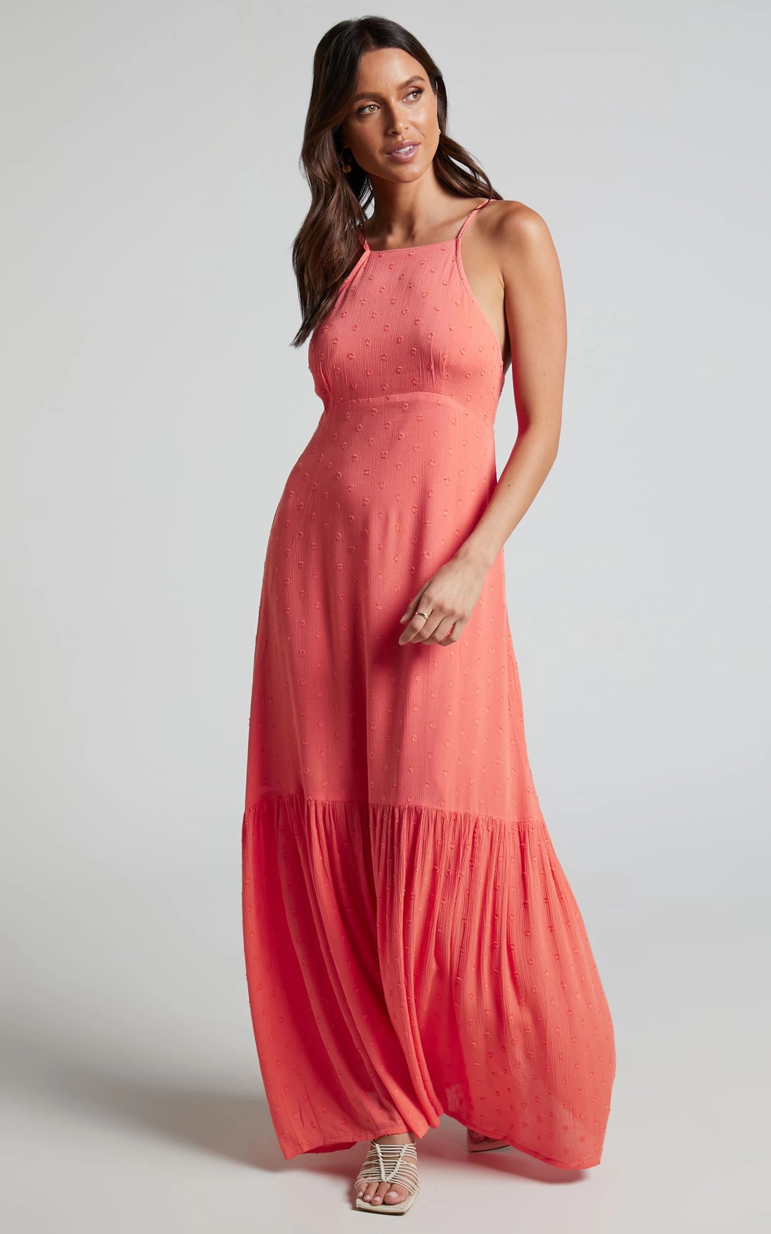 Showpo Cariele Strappy Tiered Dotted Maxi Dress In Coral - Image 2