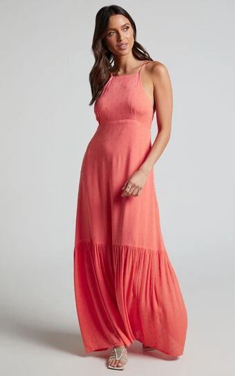 Showpo Cariele Strappy Tiered Dotted Maxi Dress In Coral