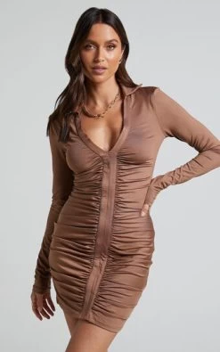 Showpo Dulce Long Sleeve Ruched Mini Dress In Mocha