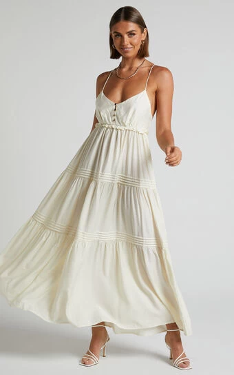 Showpo Ermengard Tiered Pin Tuck Cross Back Maxi Dress In Off White