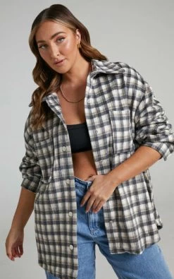 Showpo Aurea Oversized Check Shacket In Black & Grey