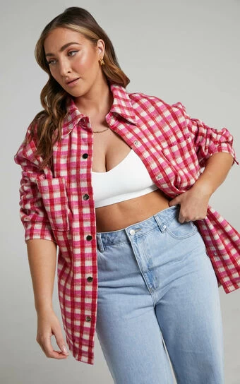 Showpo Aurea Oversized Check Shacket In Pink & Red