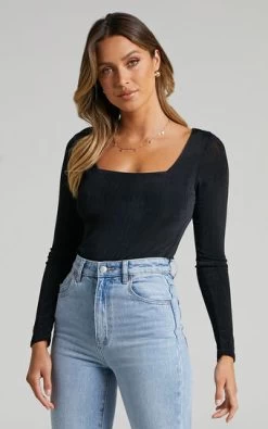 Showpo Eleonie Square Neck Ribbed Bodysuit In Black