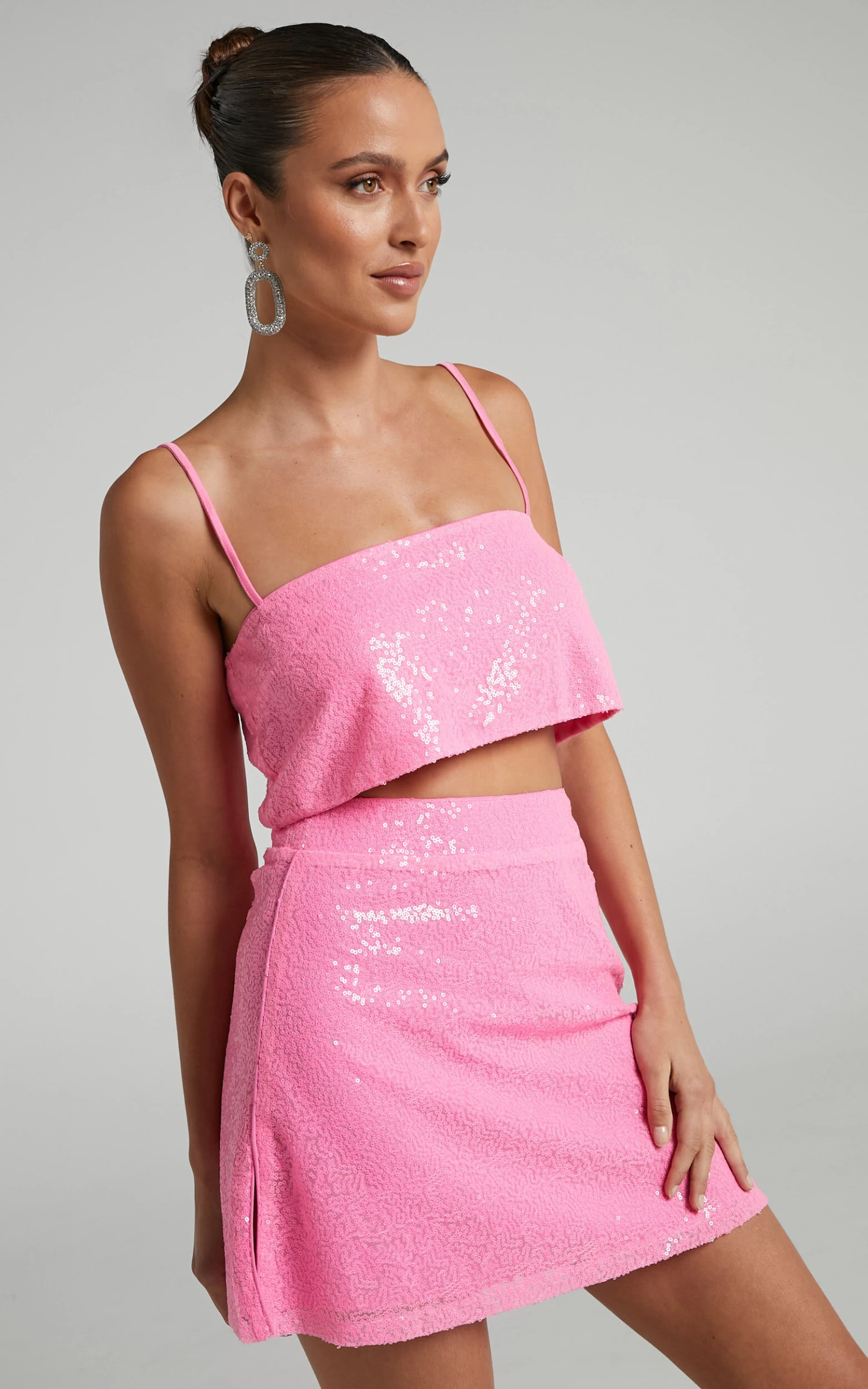 Showpo Elswyth Side Split Sequin Mini Skirt In Pink - Image 2