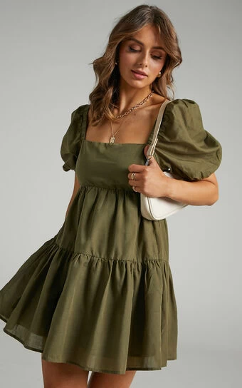 Showpo Hazel Short Sleeve Tiered Tie Back Smock Dress In Khaki