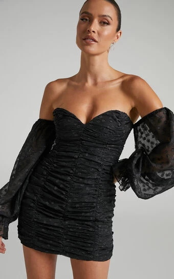 Showpo Leonne Ruched Off Shoulder Balloon Sleeve Mini Dress In Black