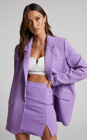 Showpo Michelle Oversized Plunge Neck Button Up Blazer In Purple