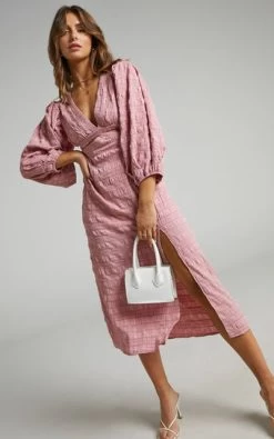 Showpo Tabatha Puff Sleeve Cut Out Midi Dress In Pink Check