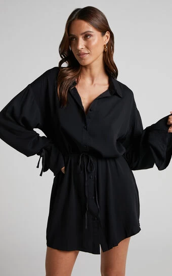 Showpo Wynter Waist Tie Shirt Dress In Black
