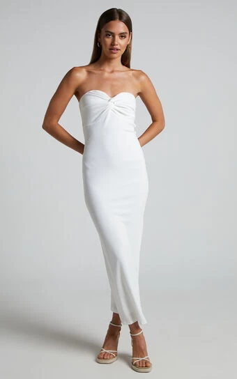 Showpo Aravis Midi Dress - Twist Front Strapless Ribbed Bodycon Dress In White