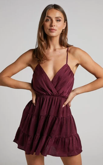 Showpo Rosina Y-Back Tiered Mini Dress In Plum