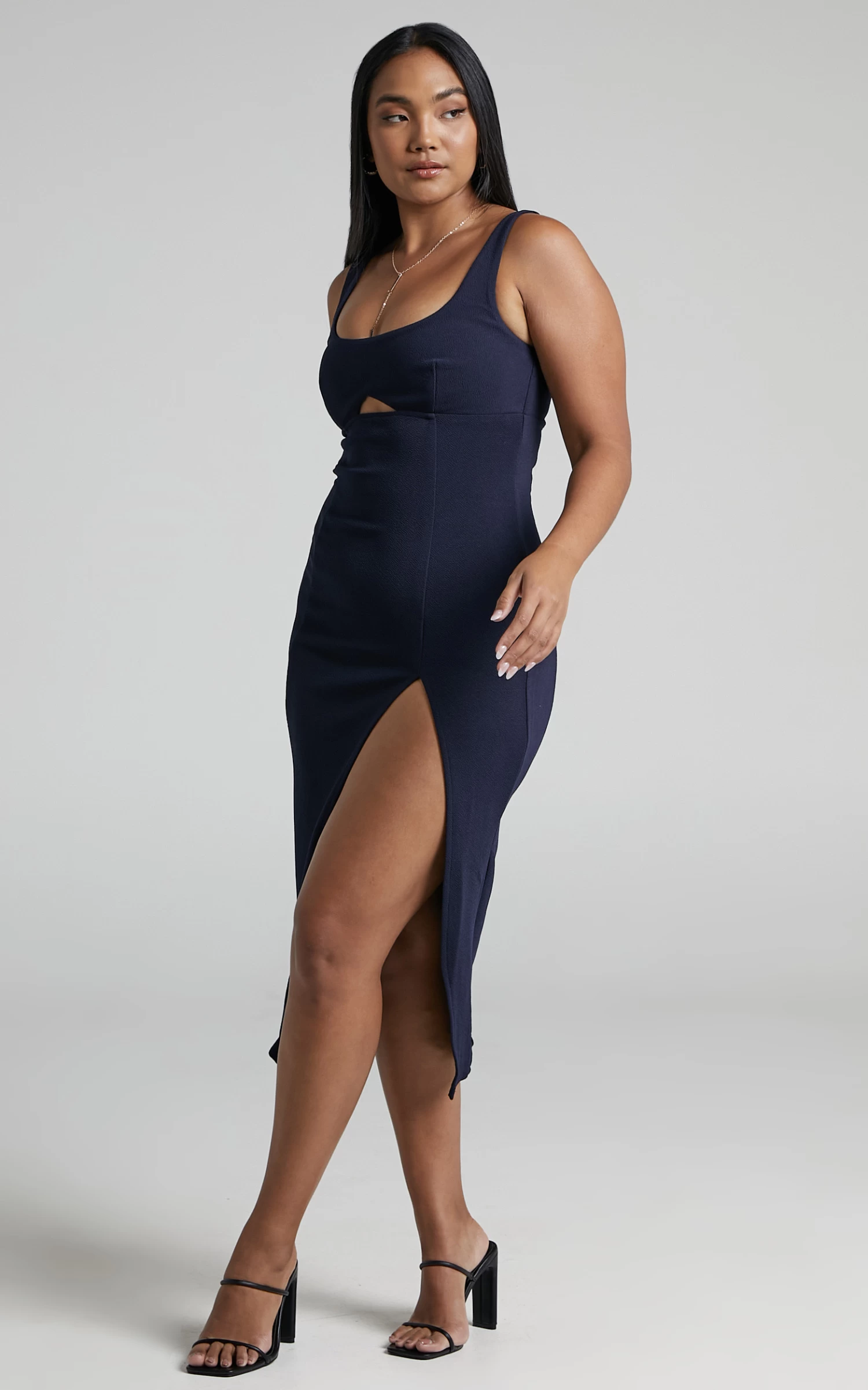Showpo Lorevie Cut Out Split Bodycon Midi Dress In Navy - Image 3