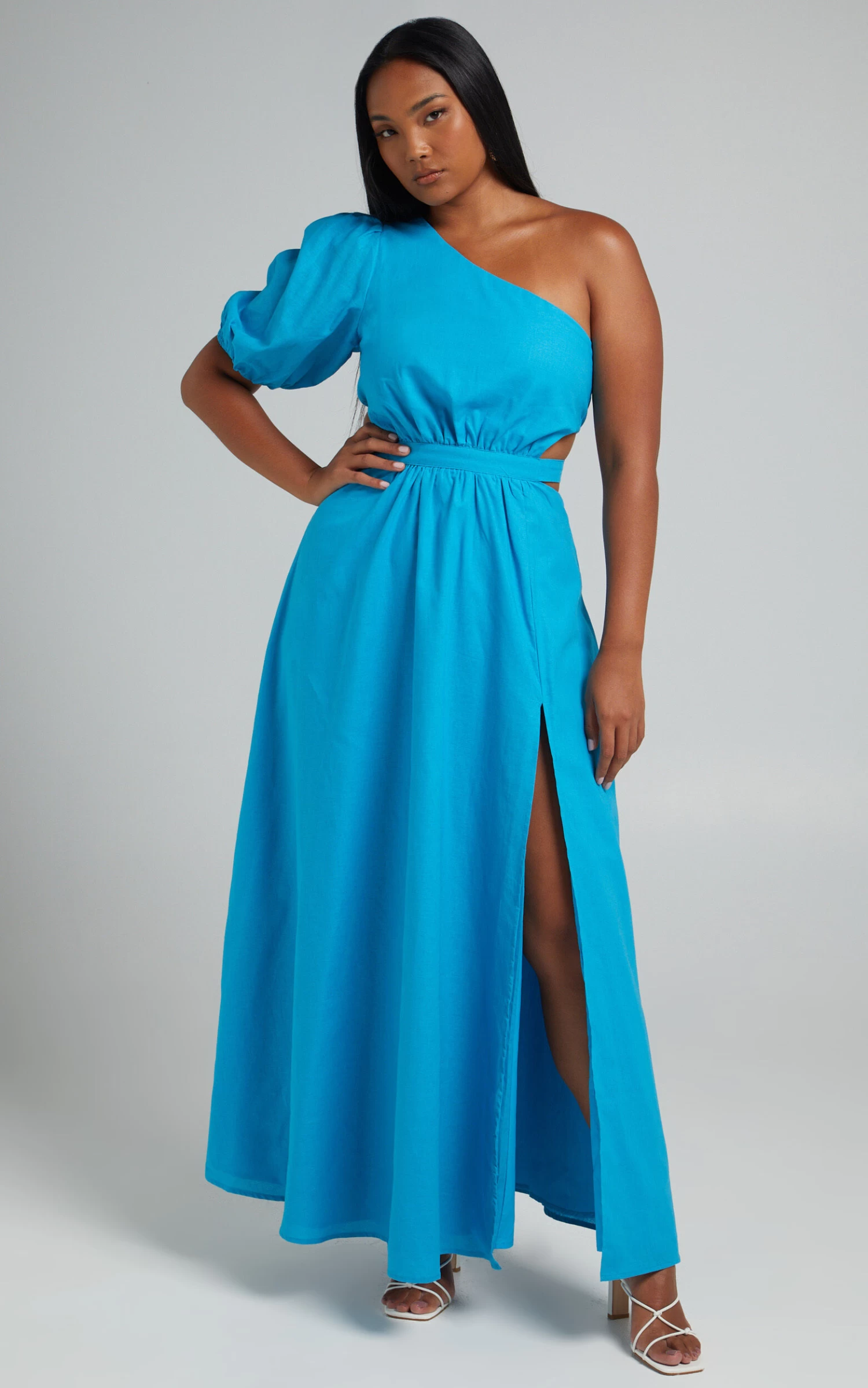 Showpo Cedie One Shoulder Puff Sleeve Maxi Dress In Blue - Image 4
