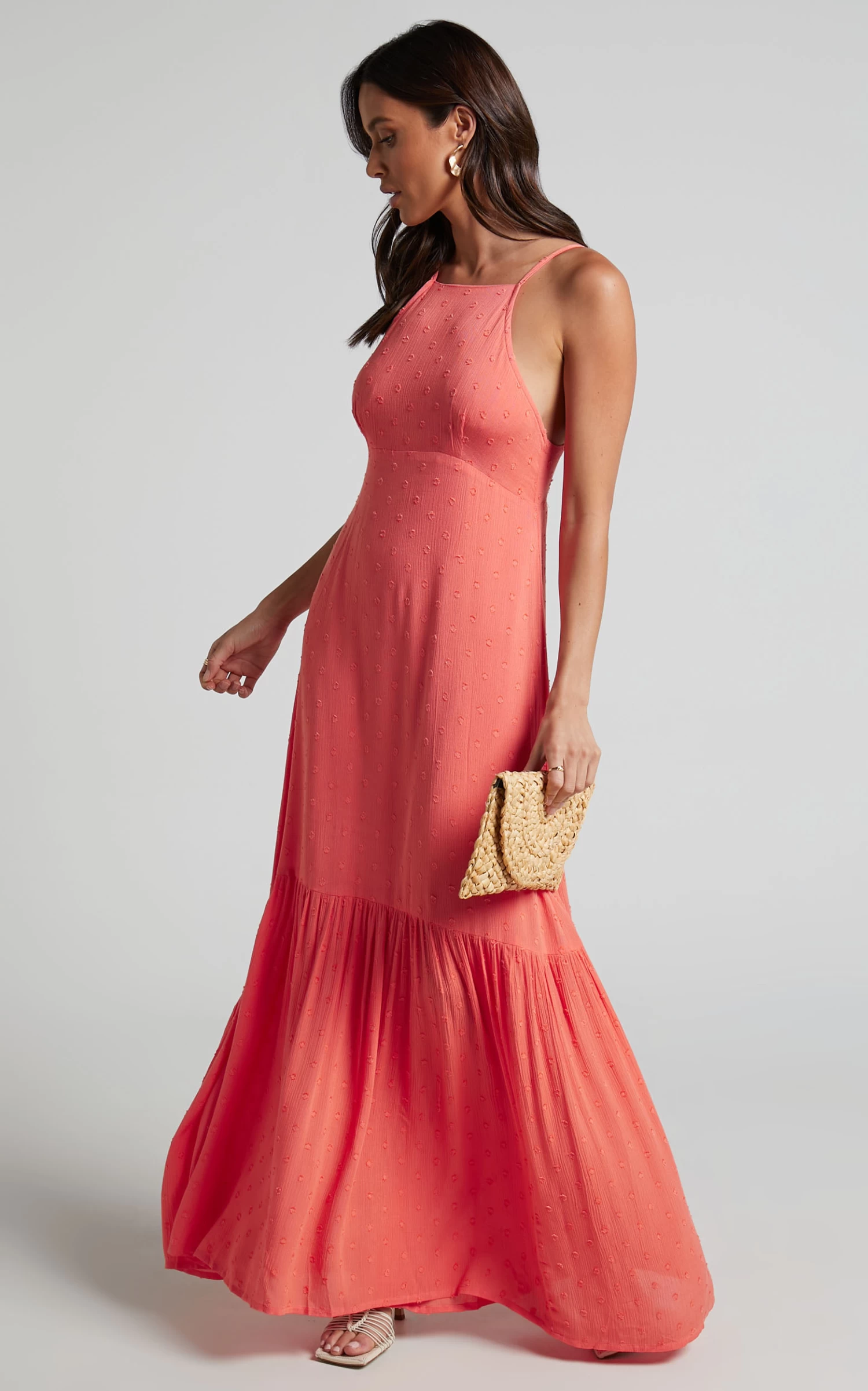 Showpo Cariele Strappy Tiered Dotted Maxi Dress In Coral - Image 3