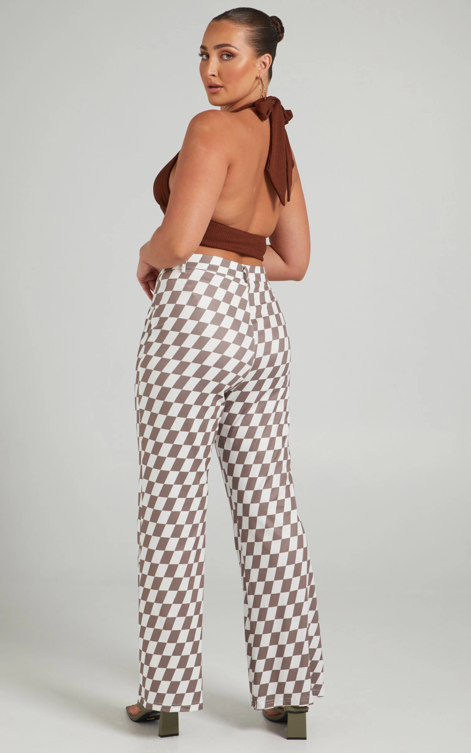 Showpo Lenny Mid Rise Pants In Brown Check - Image 3
