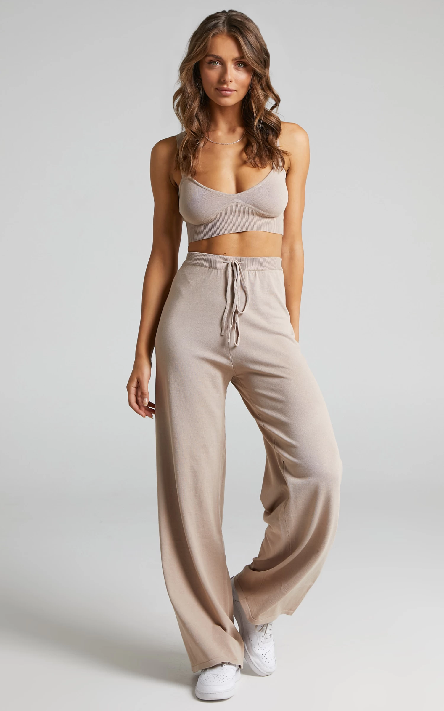 Showpo Chonnie Knit Bralette Top And Wide Leg Pants Two Piece Set In Mocha - Image 2