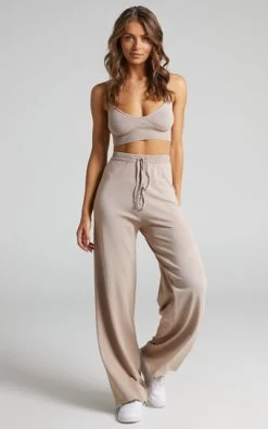 Showpo Chonnie Knit Bralette Top And Wide Leg Pants Two Piece Set In Mocha