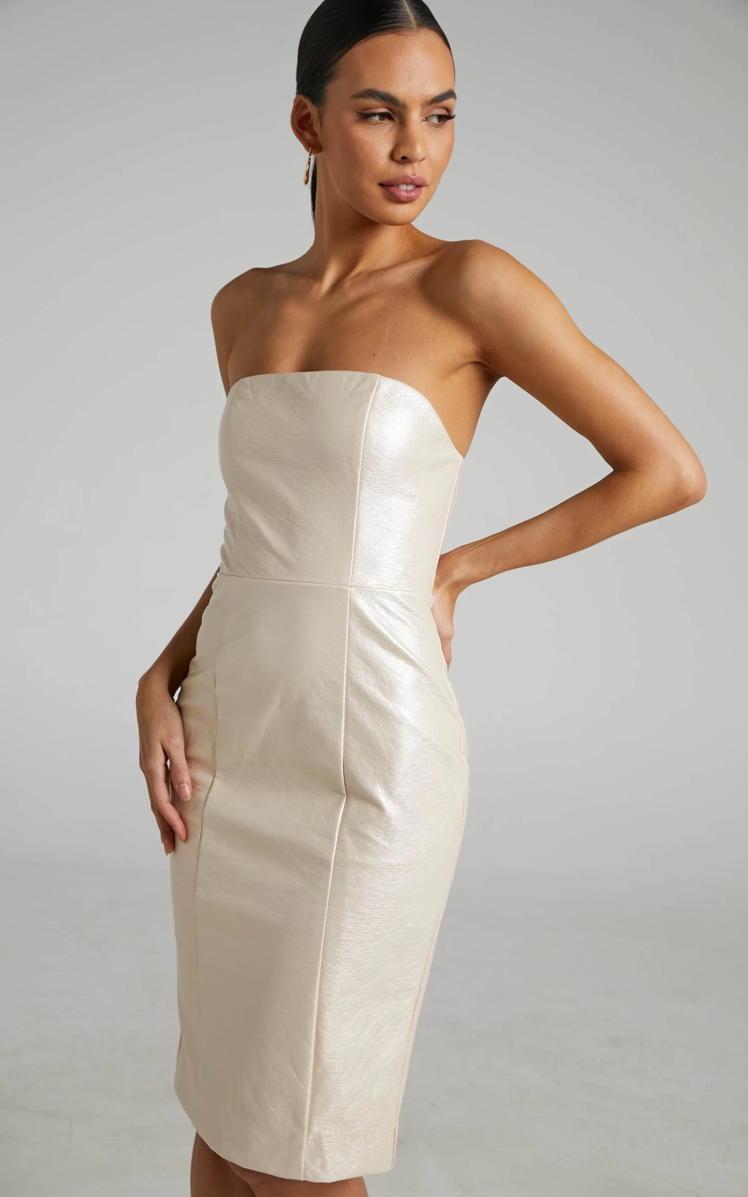 Showpo Reiko Strapless Patent Faux Leather Midi Dress In Oyster - Image 3