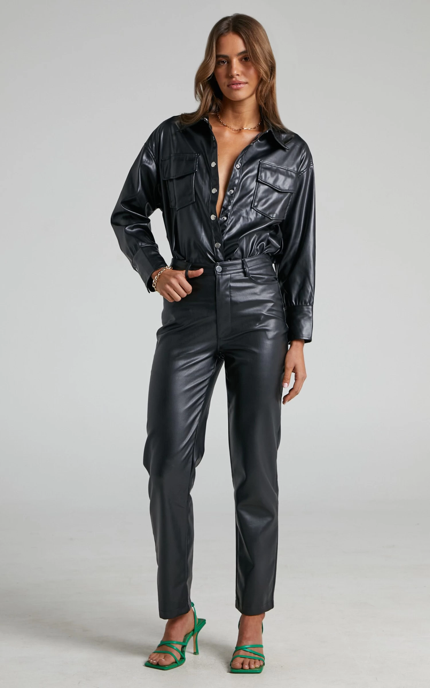 Showpo Selenia Button Front Faux Leather Shirt In Black - Image 3