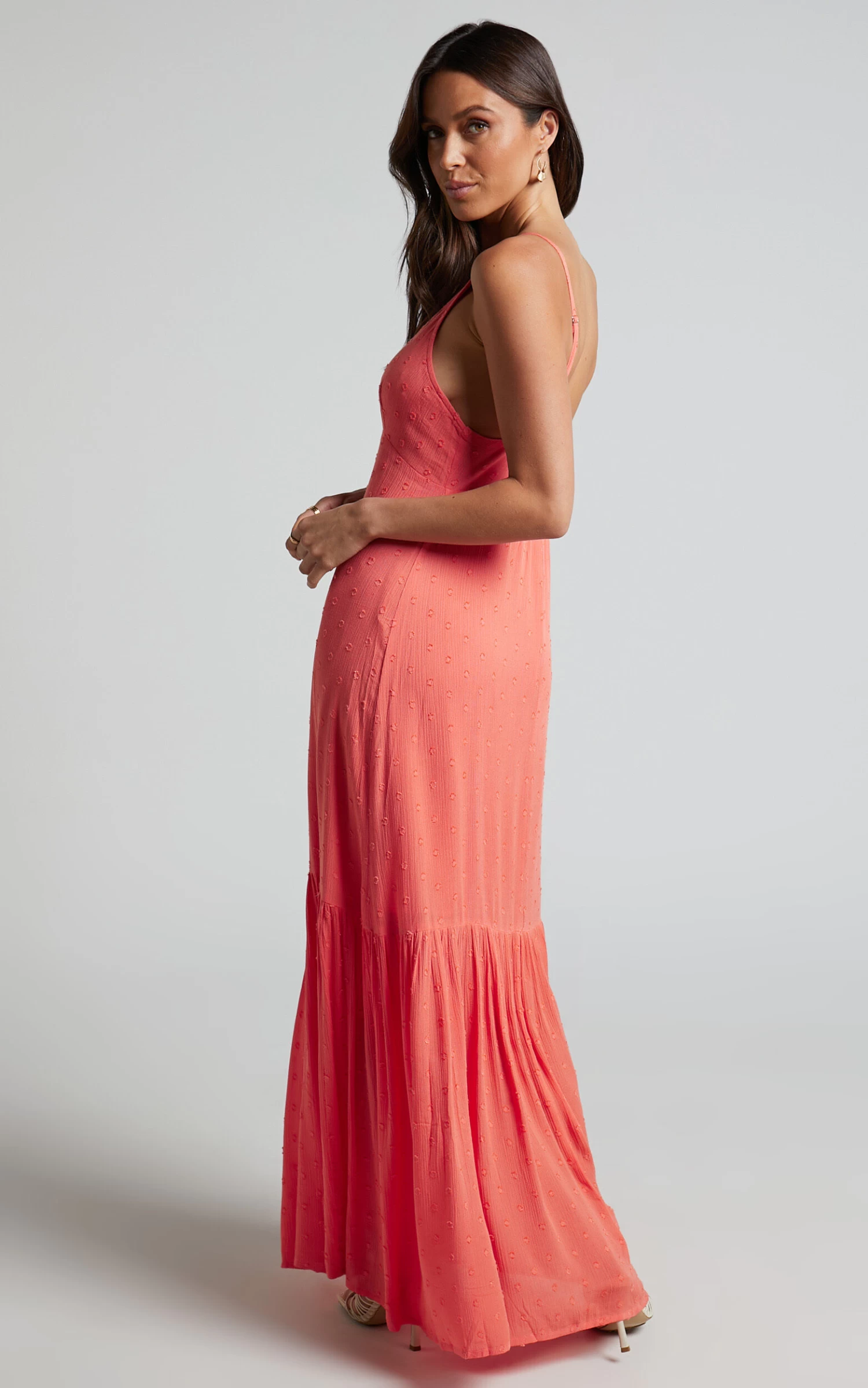 Showpo Cariele Strappy Tiered Dotted Maxi Dress In Coral - Image 4