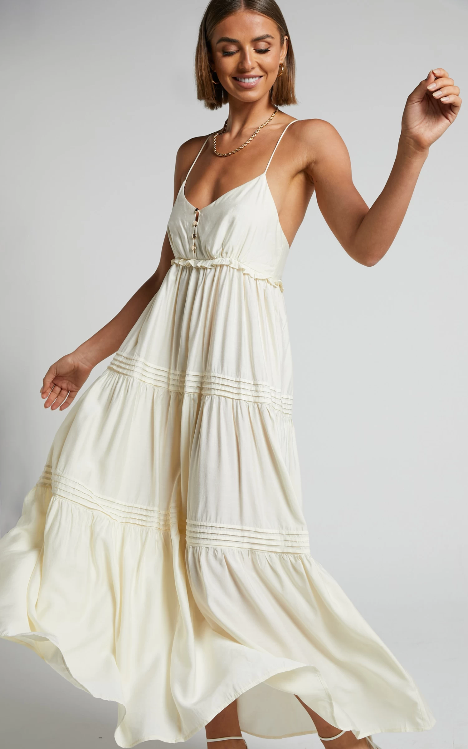 Showpo Ermengard Tiered Pin Tuck Cross Back Maxi Dress In Off White - Image 4