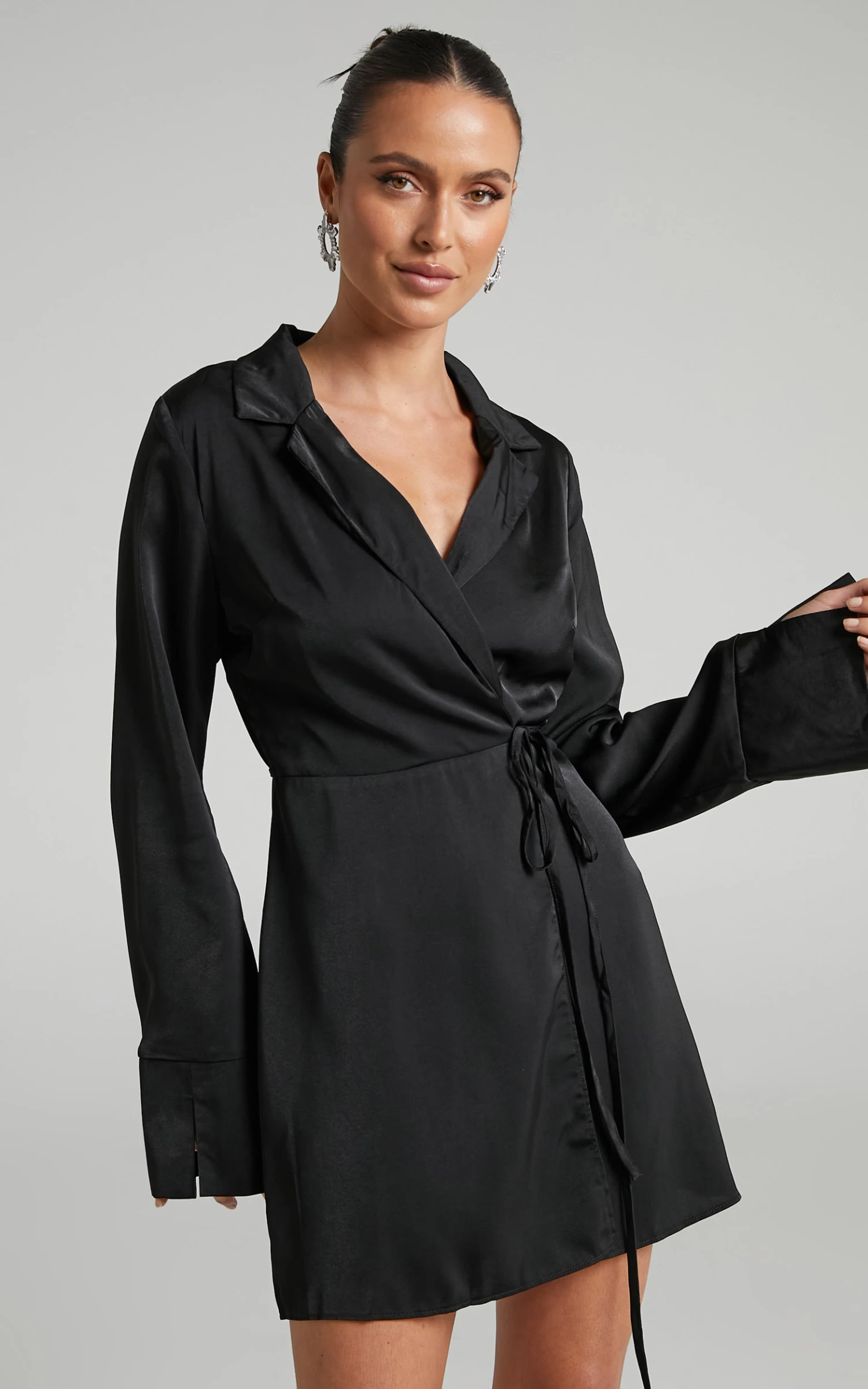 Showpo Hayami Collared Long Sleeve Wrap Mini Dress In Black - Image 4