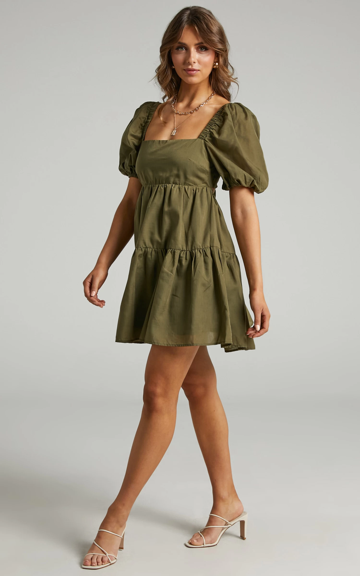 Showpo Hazel Short Sleeve Tiered Tie Back Smock Dress In Khaki - Image 4