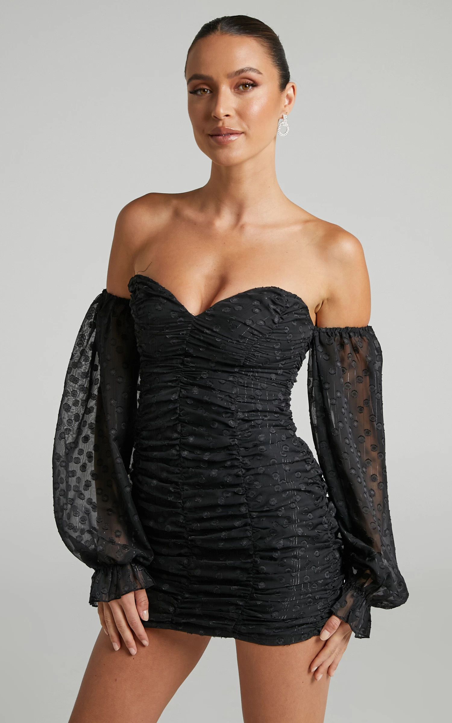 Showpo Leonne Ruched Off Shoulder Balloon Sleeve Mini Dress In Black - Image 4