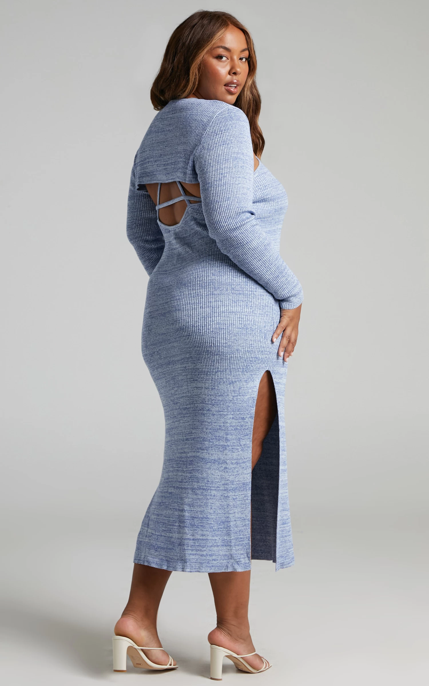 Showpo Merithel Ribbed Knit Long Sleeve Shrug Top In Space Dye Blue - Image 7