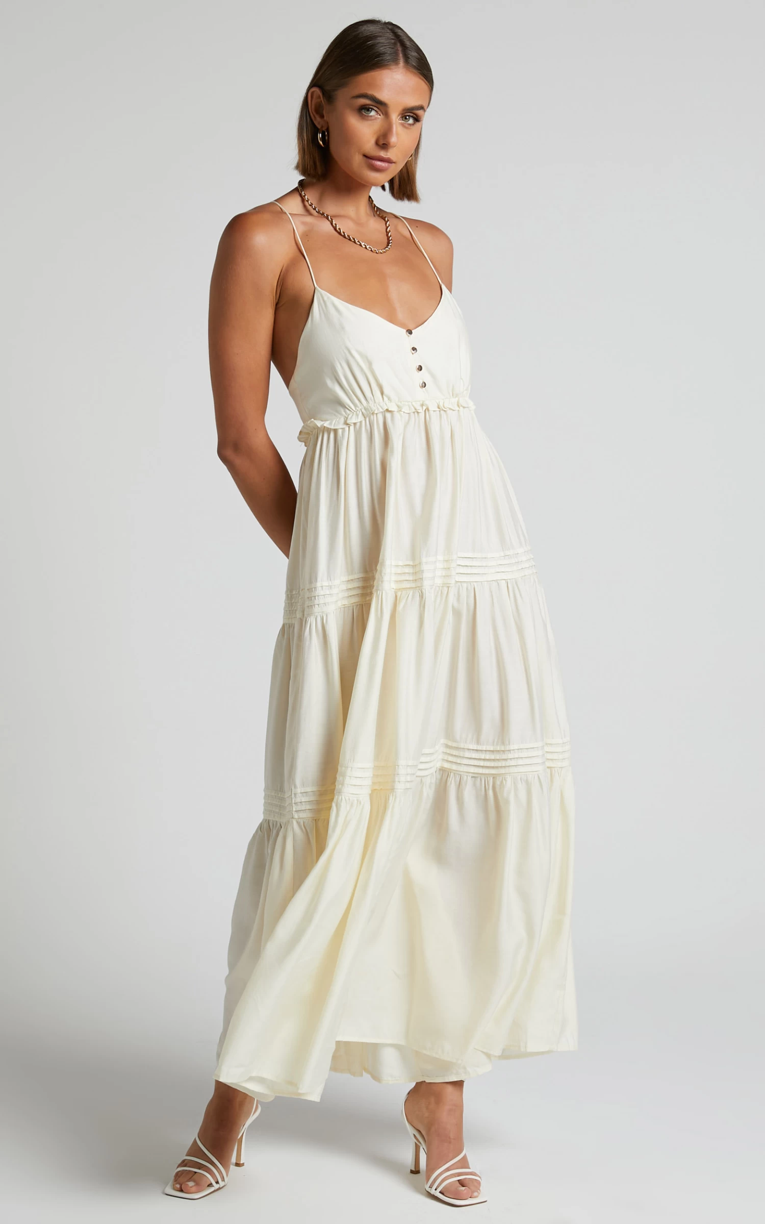 Showpo Ermengard Tiered Pin Tuck Cross Back Maxi Dress In Off White - Image 5