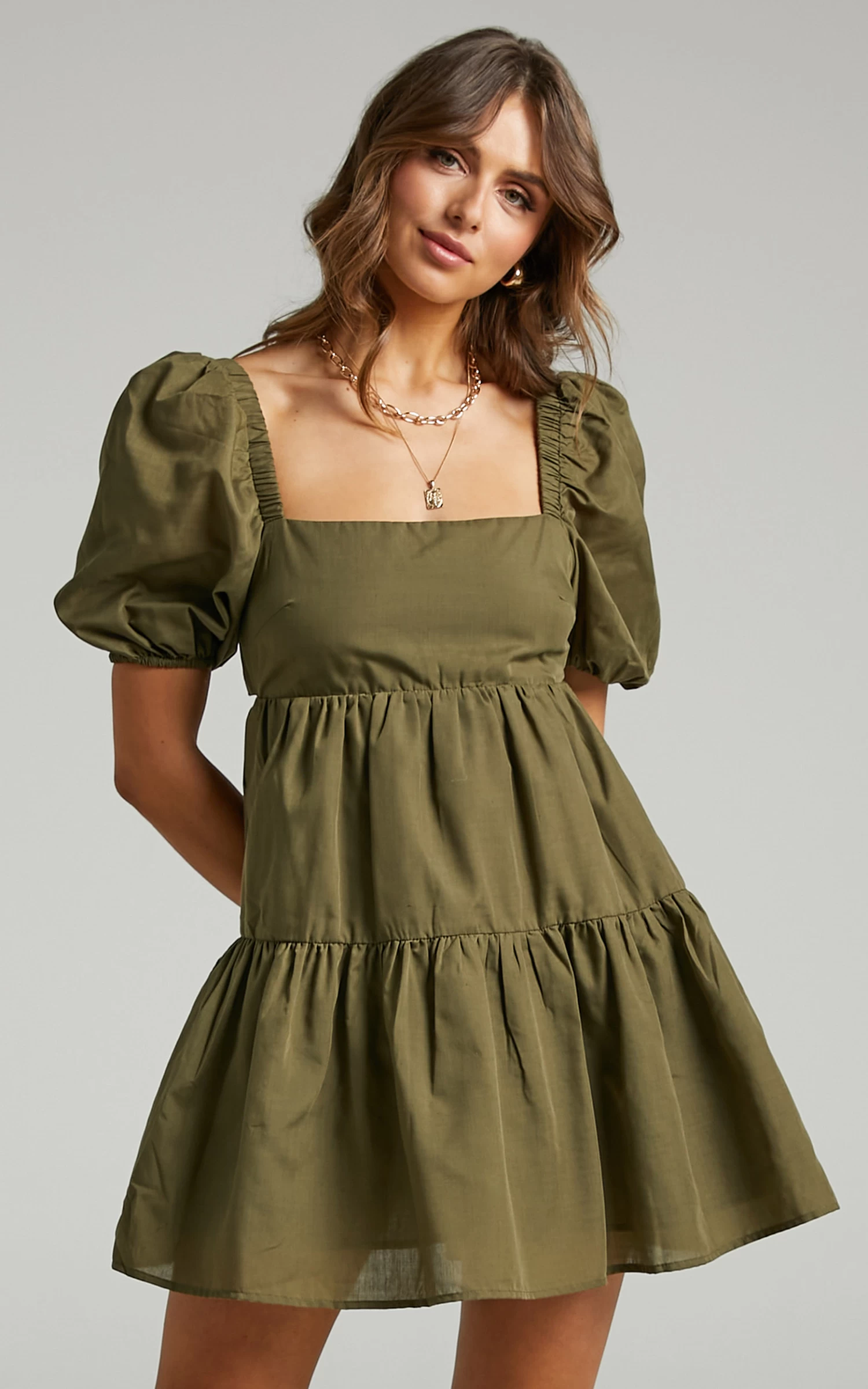 Showpo Hazel Short Sleeve Tiered Tie Back Smock Dress In Khaki - Image 5