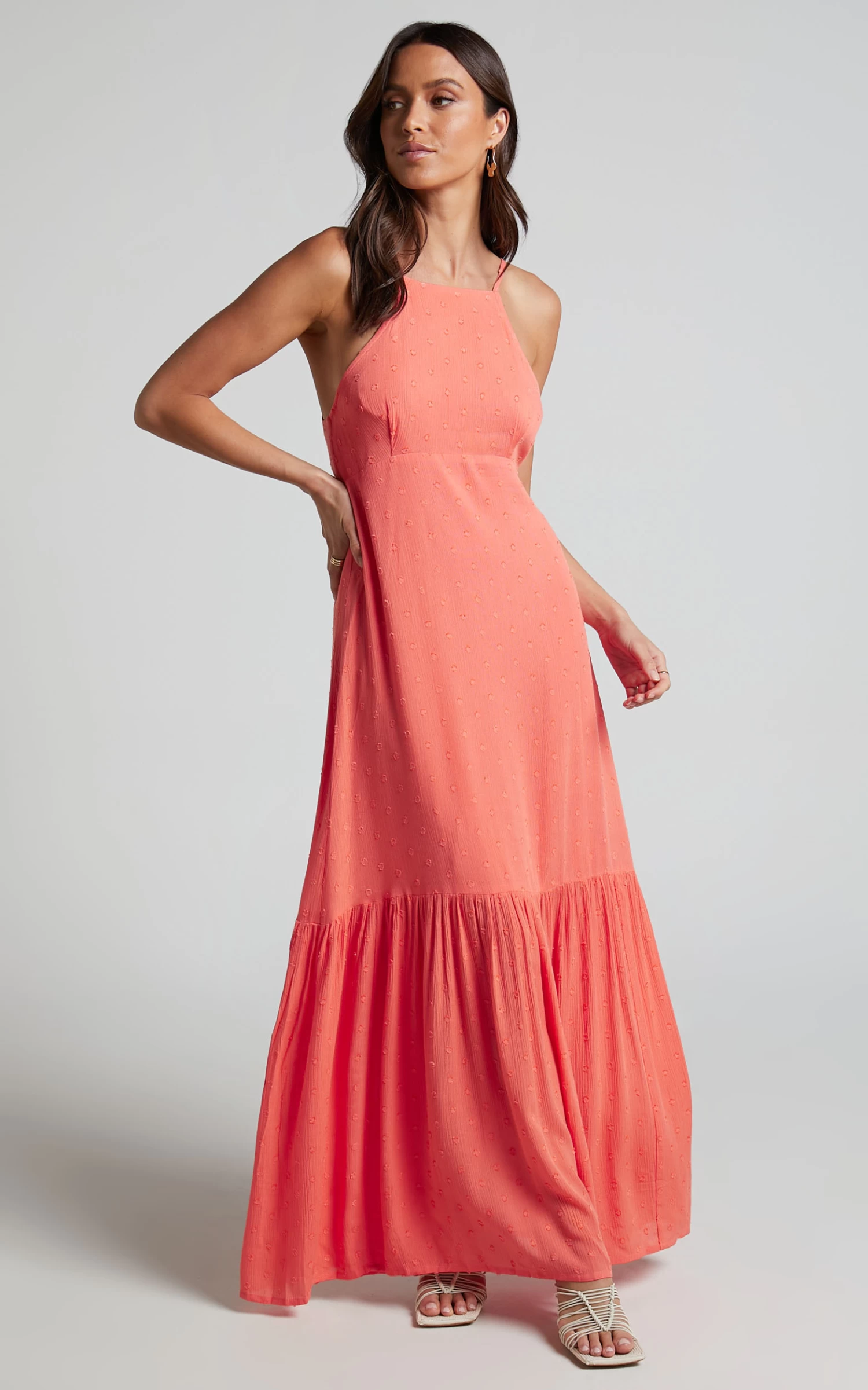 Showpo Cariele Strappy Tiered Dotted Maxi Dress In Coral - Image 6