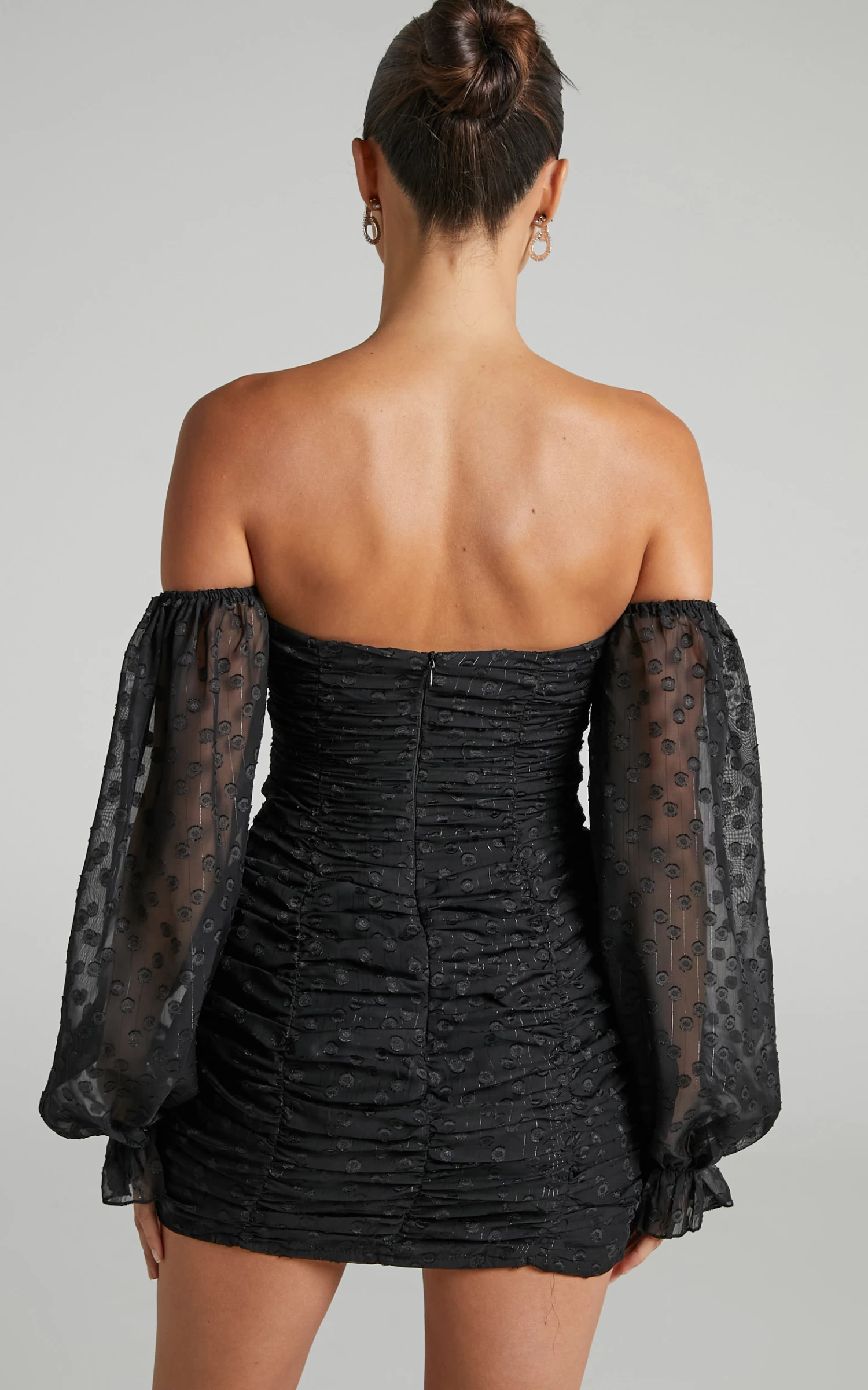 Showpo Leonne Ruched Off Shoulder Balloon Sleeve Mini Dress In Black - Image 6