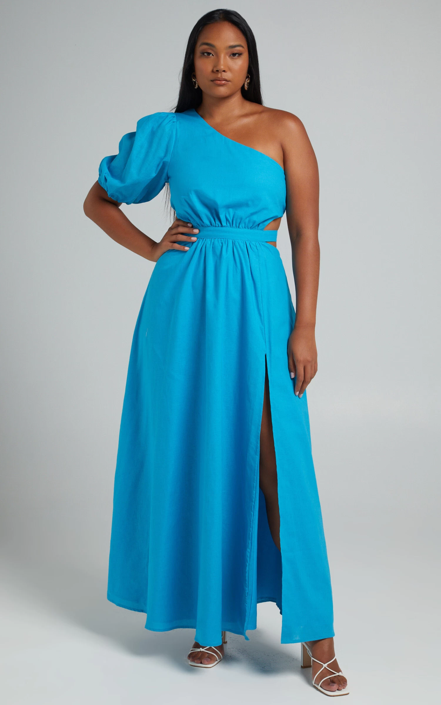 Showpo Cedie One Shoulder Puff Sleeve Maxi Dress In Blue - Image 7
