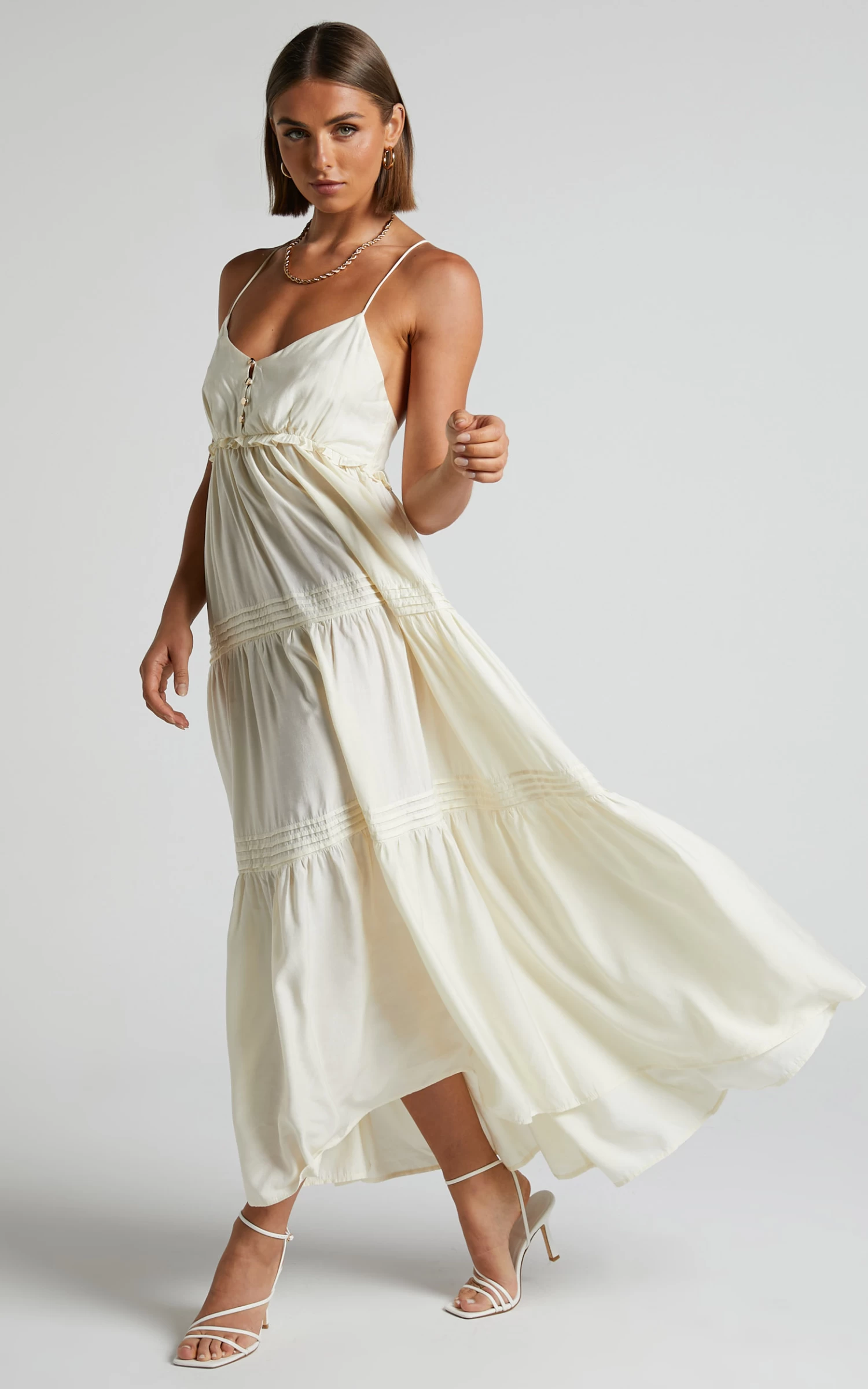 Showpo Ermengard Tiered Pin Tuck Cross Back Maxi Dress In Off White - Image 7
