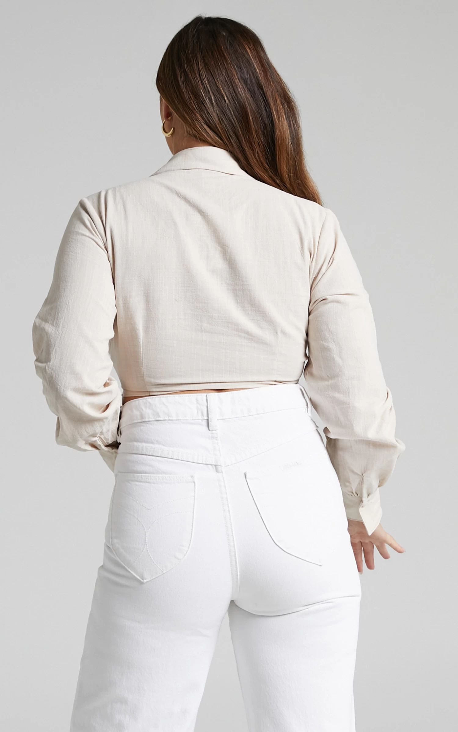 Showpo Airen Knot Front Cropped Long Sleeve Blouse In Beige - Image 8