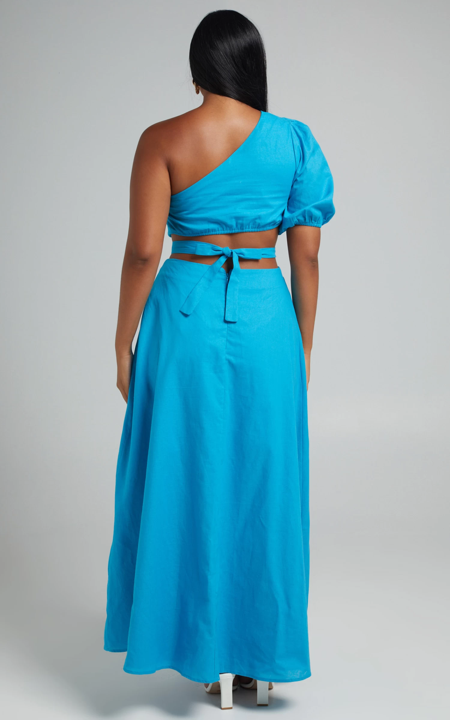 Showpo Cedie One Shoulder Puff Sleeve Maxi Dress In Blue - Image 8