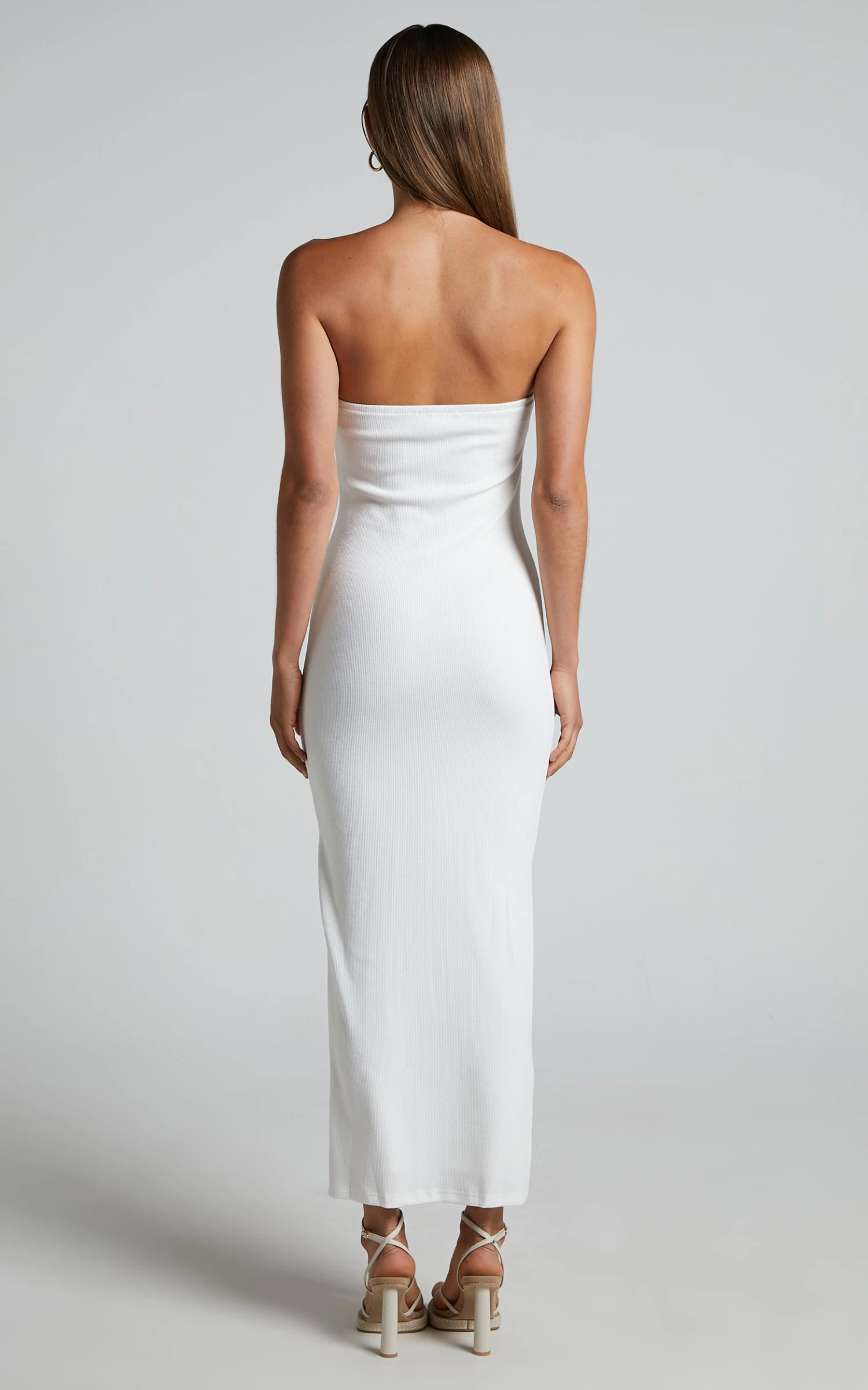 Showpo Aravis Midi Dress - Twist Front Strapless Ribbed Bodycon Dress In White - Image 8