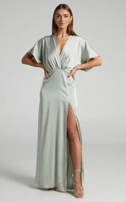 Showpo Azrael Maxi Dress - Angel Sleeve Thigh Split Plunge Neck Satin Dress In Sage