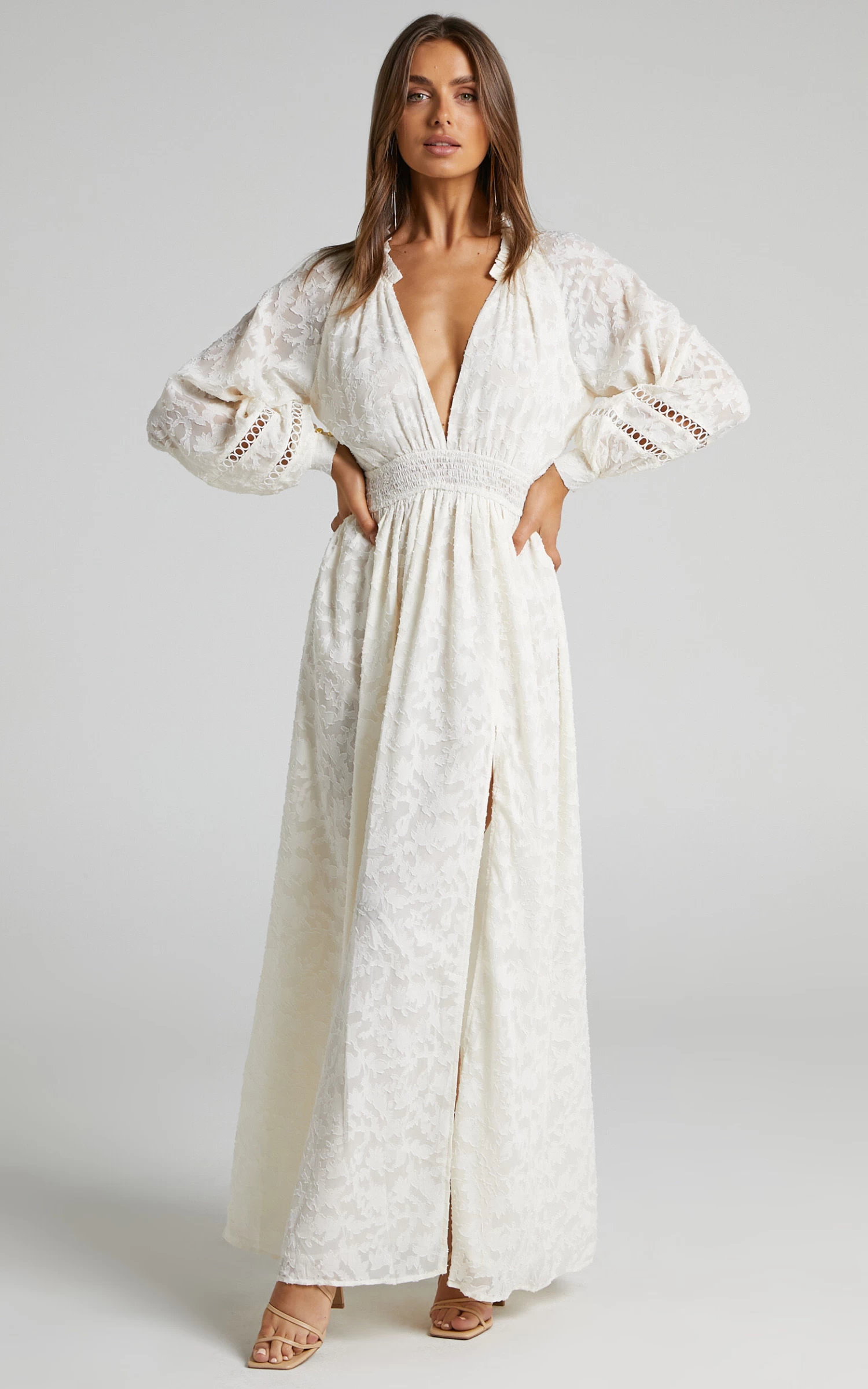 Showpo Abellita Plunge Neck Bishop Sleeve Broderie Trim Maxi Dress In Cream - Image 4