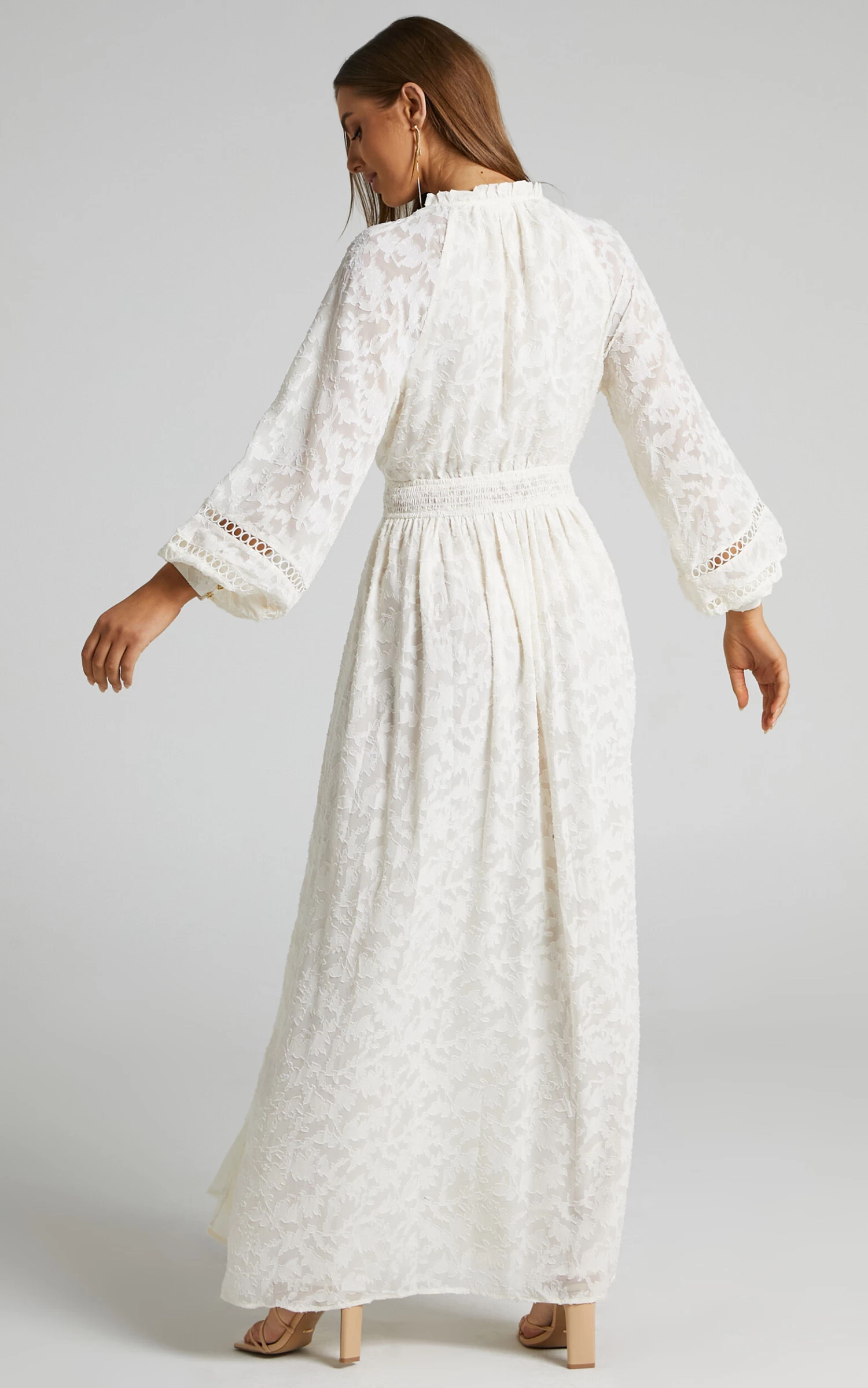 Showpo Abellita Plunge Neck Bishop Sleeve Broderie Trim Maxi Dress In Cream - Image 5