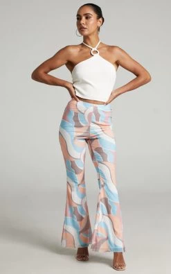 Showpo Adalene High Waisted Mesh Flare Pants In Stripe Print