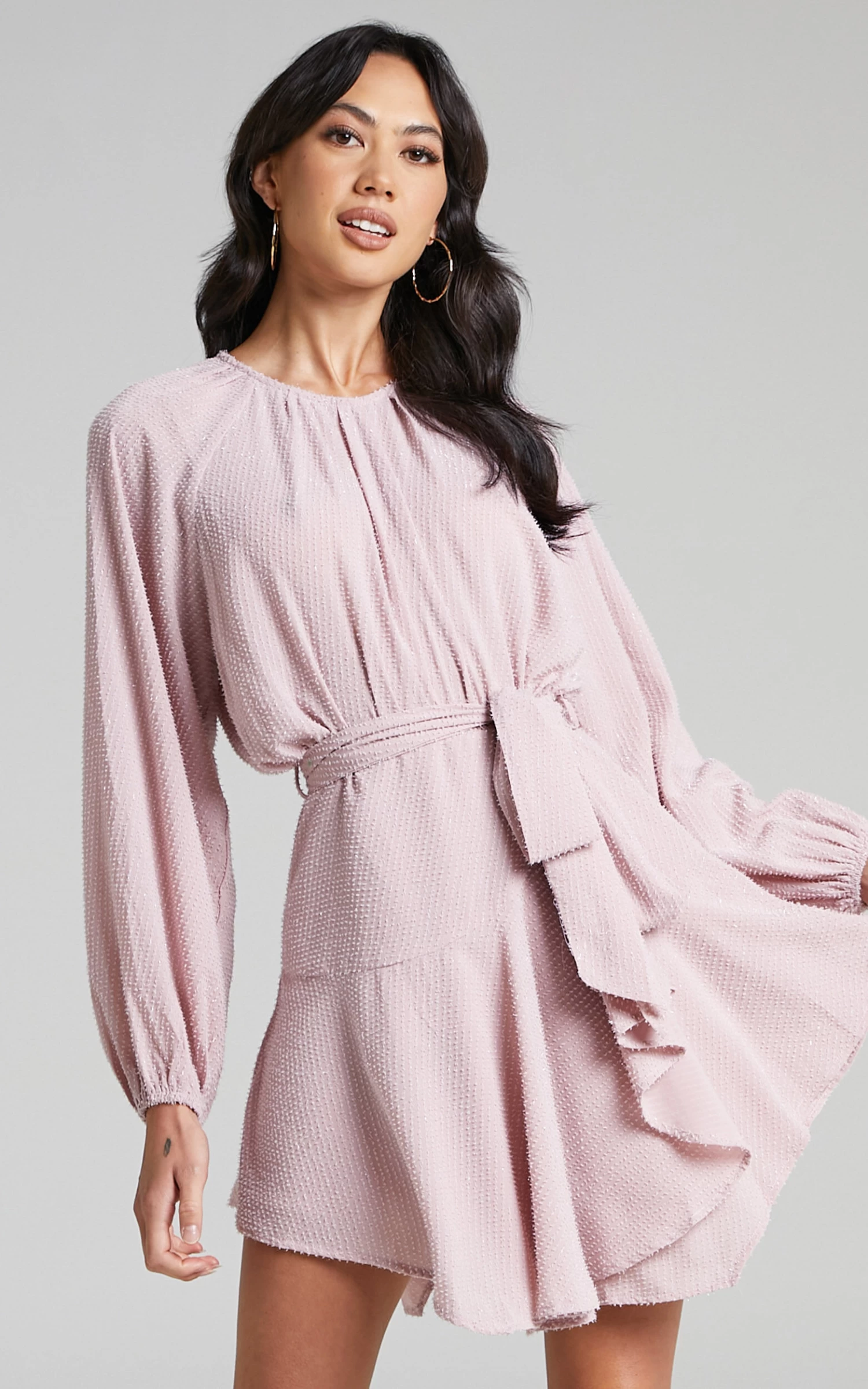 Showpo Adleigh Asymmetric Hem Long Sleeve Mini Dress In Pink - Image 2
