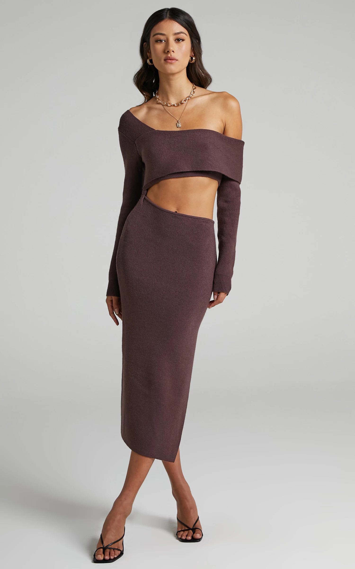 Showpo Alabama Midi Dress - Off One Shoulder Asymmetric Long Sleeve Knit Dress In Chocolate - Image 4