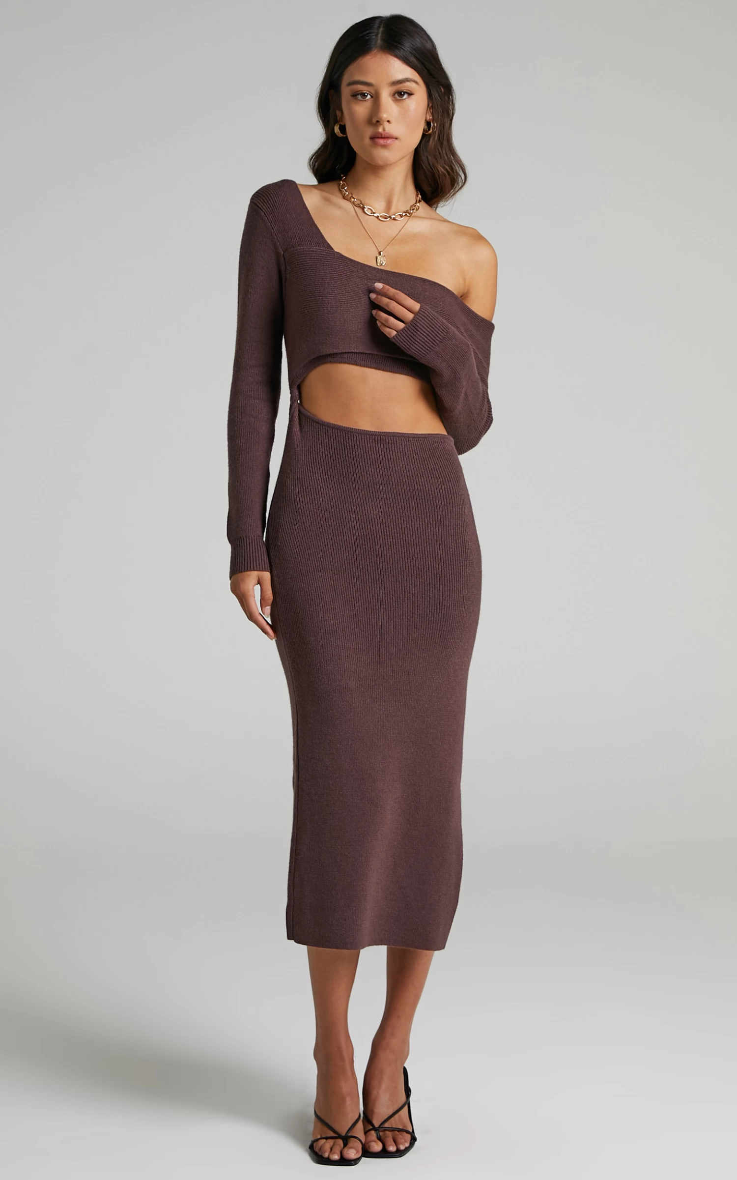 Showpo Alabama Midi Dress - Off One Shoulder Asymmetric Long Sleeve Knit Dress In Chocolate - Image 6