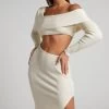 Showpo Alabama Midi Dress - Off One Shoulder Asymmetric Long Sleeve Knit Dress In Beige