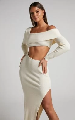 Showpo Alabama Midi Dress - Off One Shoulder Asymmetric Long Sleeve Knit Dress In Beige