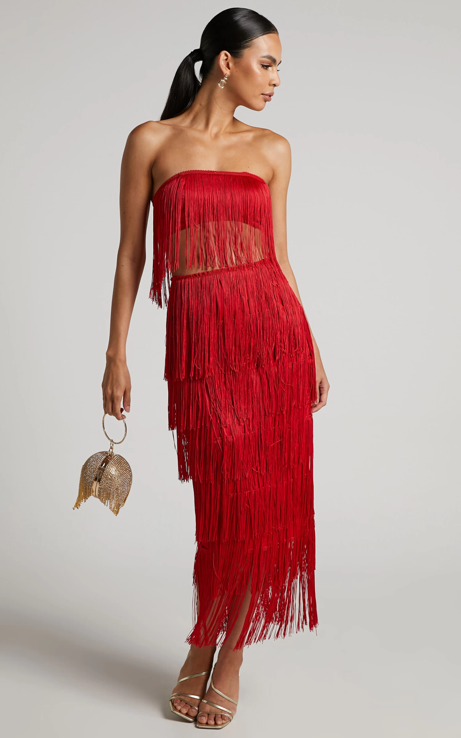 Showpo Amalee Fringe Strapless Crop Top And Midi Skirt Two Piece Set In Red - Image 6
